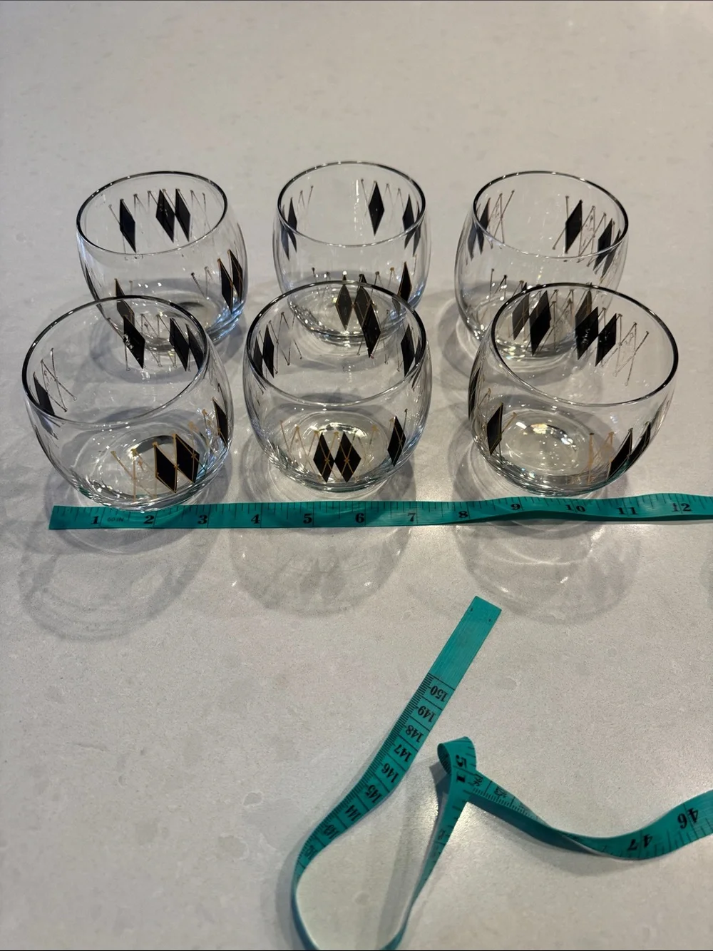Set of 6 Clear Glass Tumblers with Black & Gold Diamond Motif